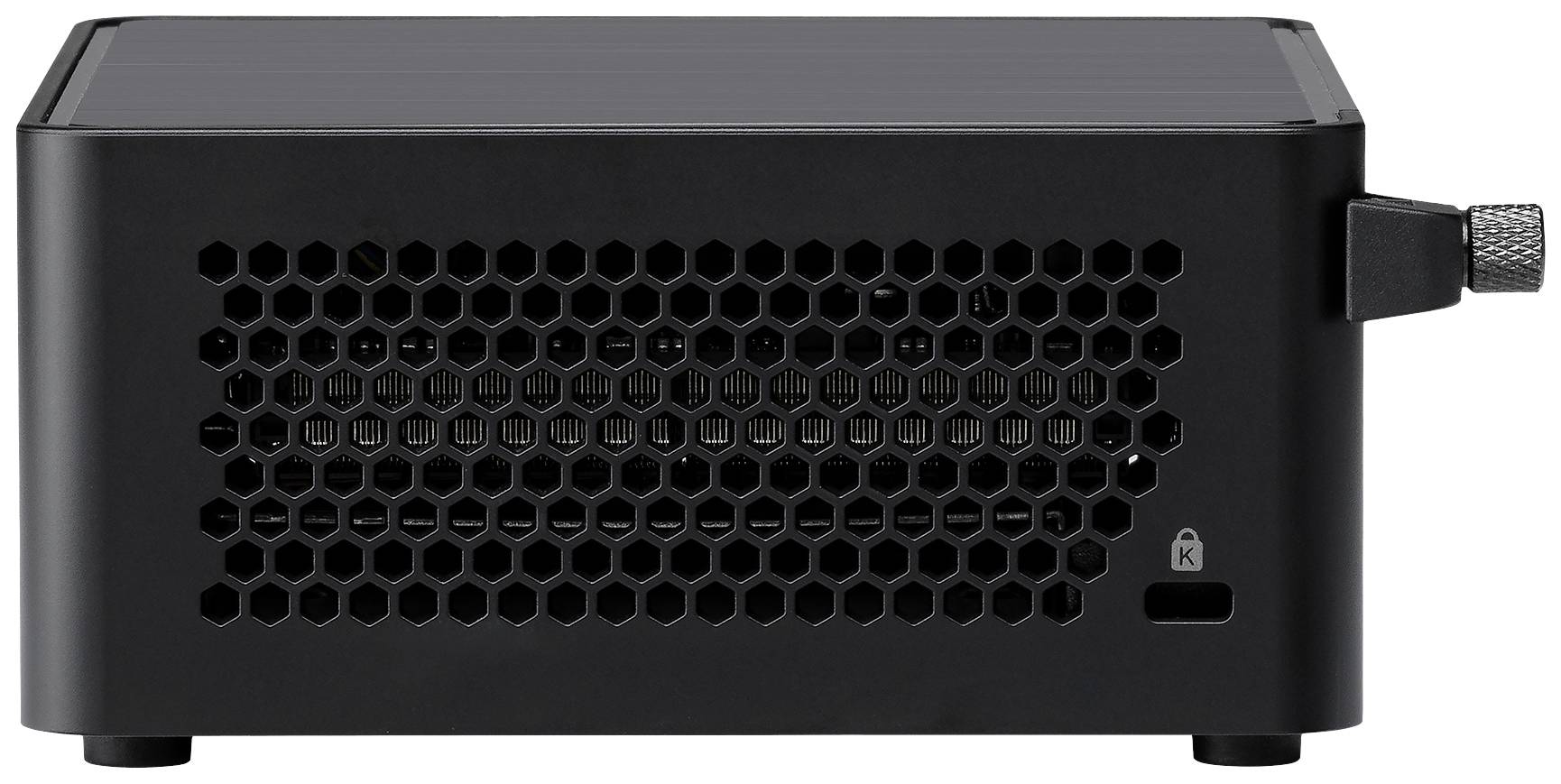 Kleiner schwarzer Computer mit Mesh-Seitenpanel für Belüftung und Kabelanschluss an der rechten Seite; kompakte Bauweise.