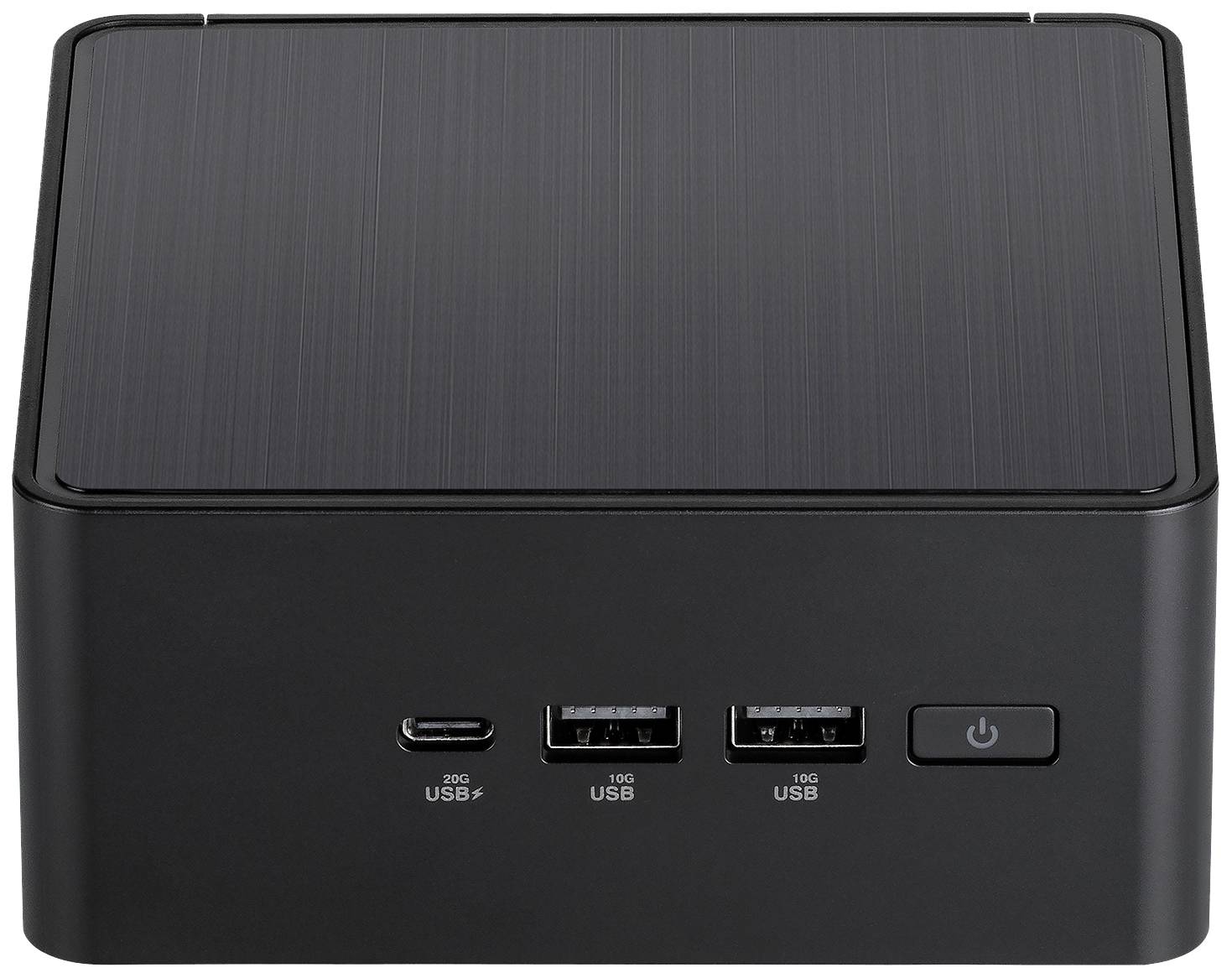 Ein schwarzer Mini-PC mit einem metallischen Finish und mehreren USB-Anschlüssen an der Vorderseite sowie einem Einschaltknopf.