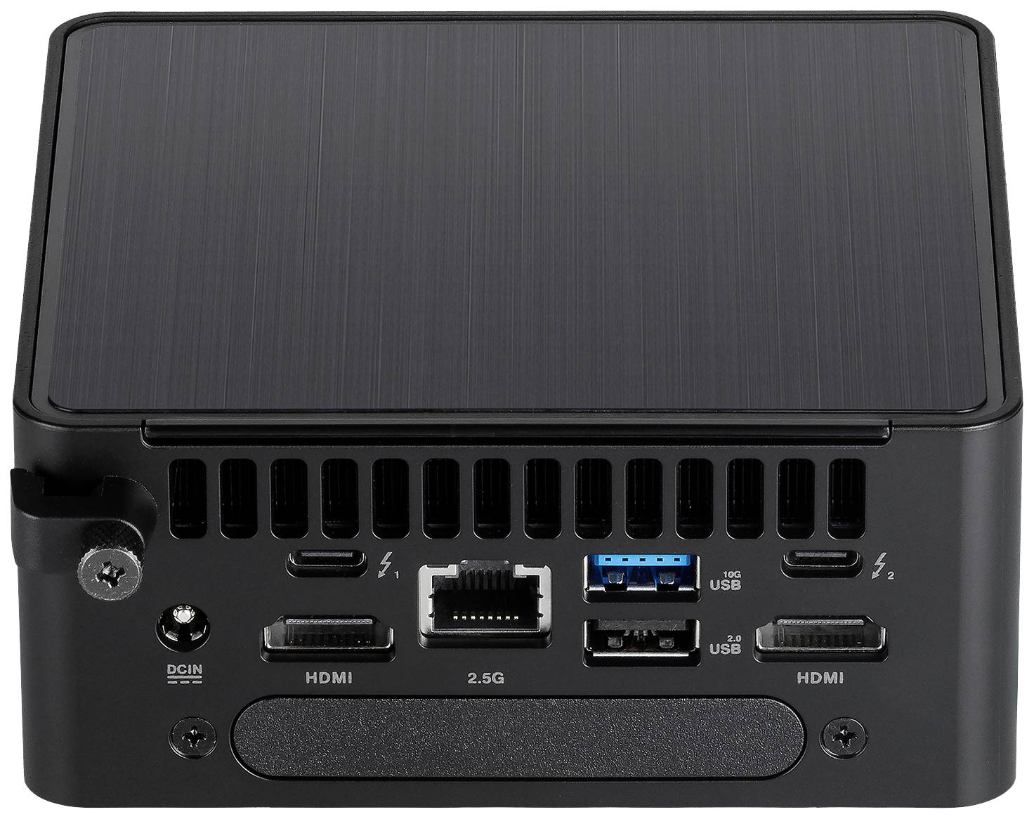 Rückansicht eines kompakten Computers mit mehreren Anschlüssen: Strom, HDMI, Ethernet, USB, und Thunderbolt. Schwarzes Gehäuse.