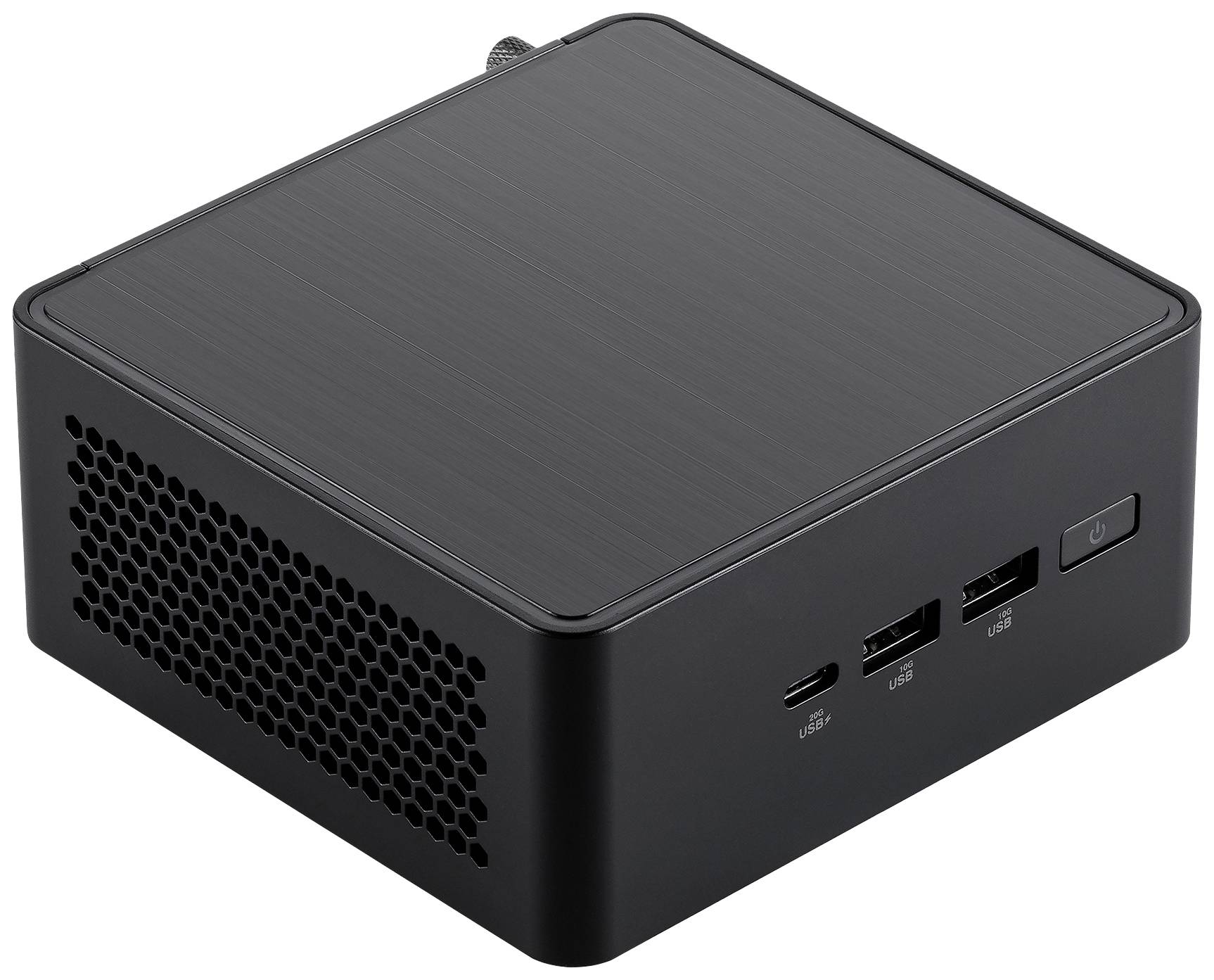 Ein schwarzer Mini-PC mit Lüftungsgitter. Vorderseite zeigt zwei USB-Anschlüsse, einen USB-C-Anschluss und einen Netzschalter.