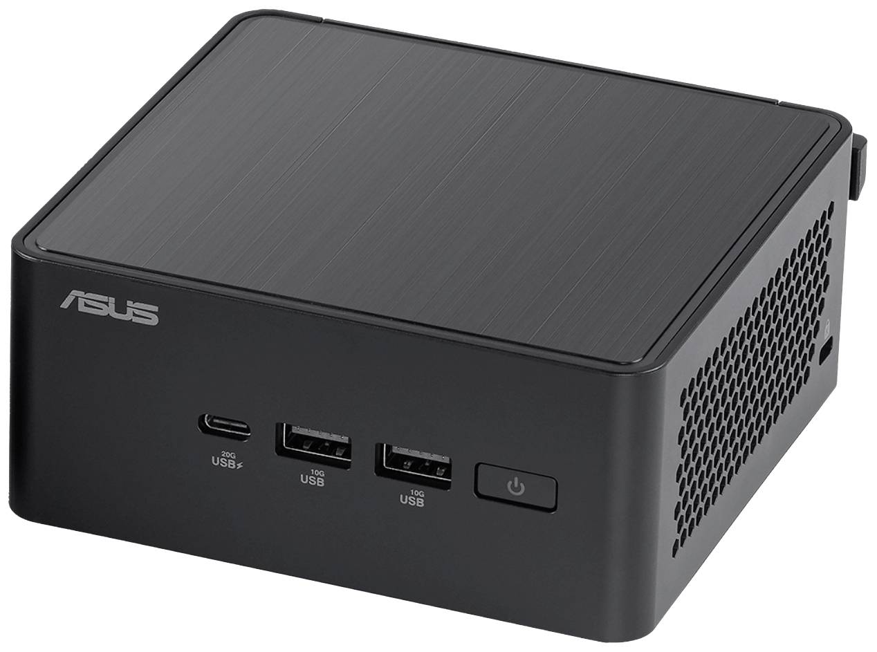 Ein kleiner, schwarzer ASUS-Mini-PC mit zwei USB-Anschlüssen, einem USB-C-Anschluss und einem Netzschalter auf der Vorderseite.