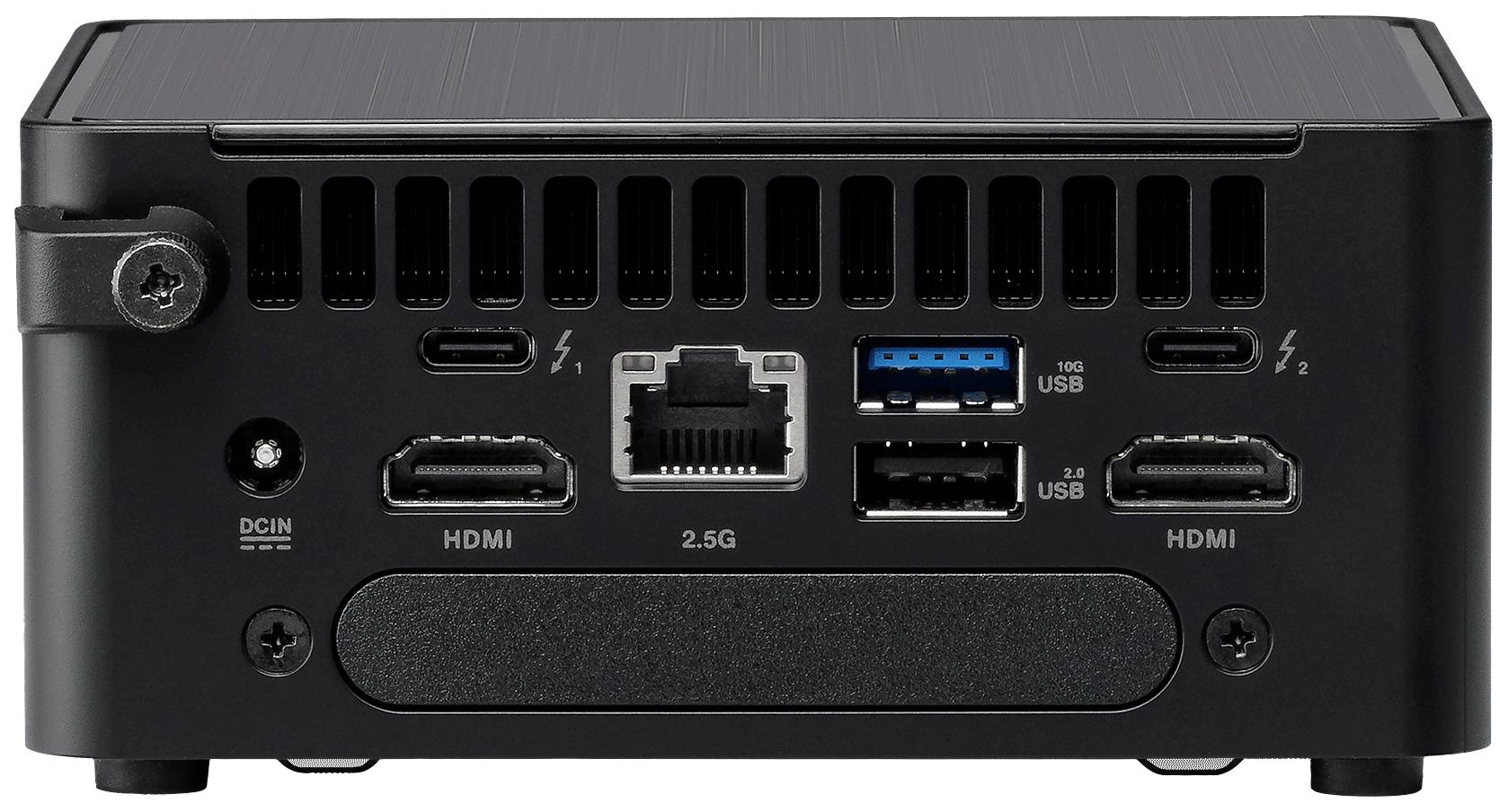 Rückseite eines Mini-PCs mit Anschlüssen: zwei HDMI, zwei Thunderbolt, ein Ethernet, zwei USB-Ports und Netzteilanschluss.
