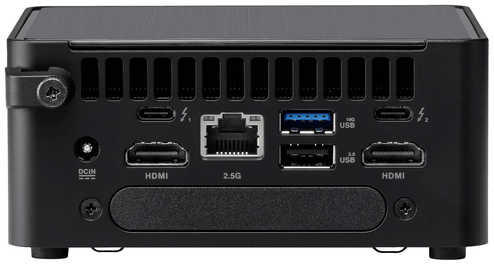 Rückseite eines Mini-PCs mit HDMI-, USB-, Ethernet- und Stromanschlüssen. Lüftungsschlitze oben, schwarzes Gehäuse.
