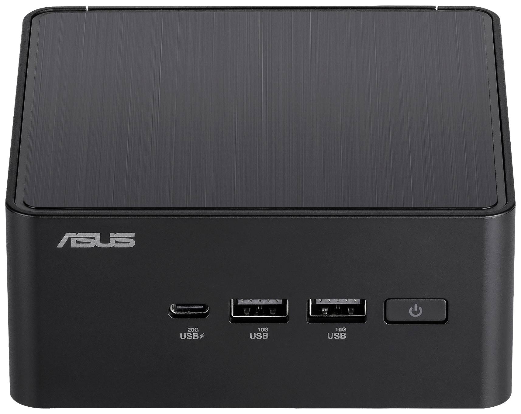 Ein kompakter, schwarzer ASUS Mini-PC mit drei USB-Anschlüssen, einem USB-C-Port und einem Netzschalter an der Vorderseite.