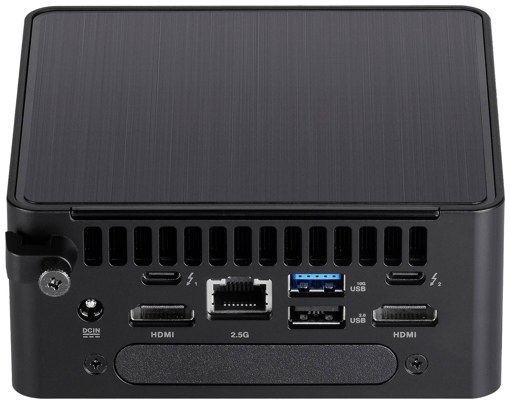 Rückseite eines kleinen schwarzen Computers mit verschiedenen Anschlussmöglichkeiten: HDMI, USB, Ethernet und Stromversorgung.