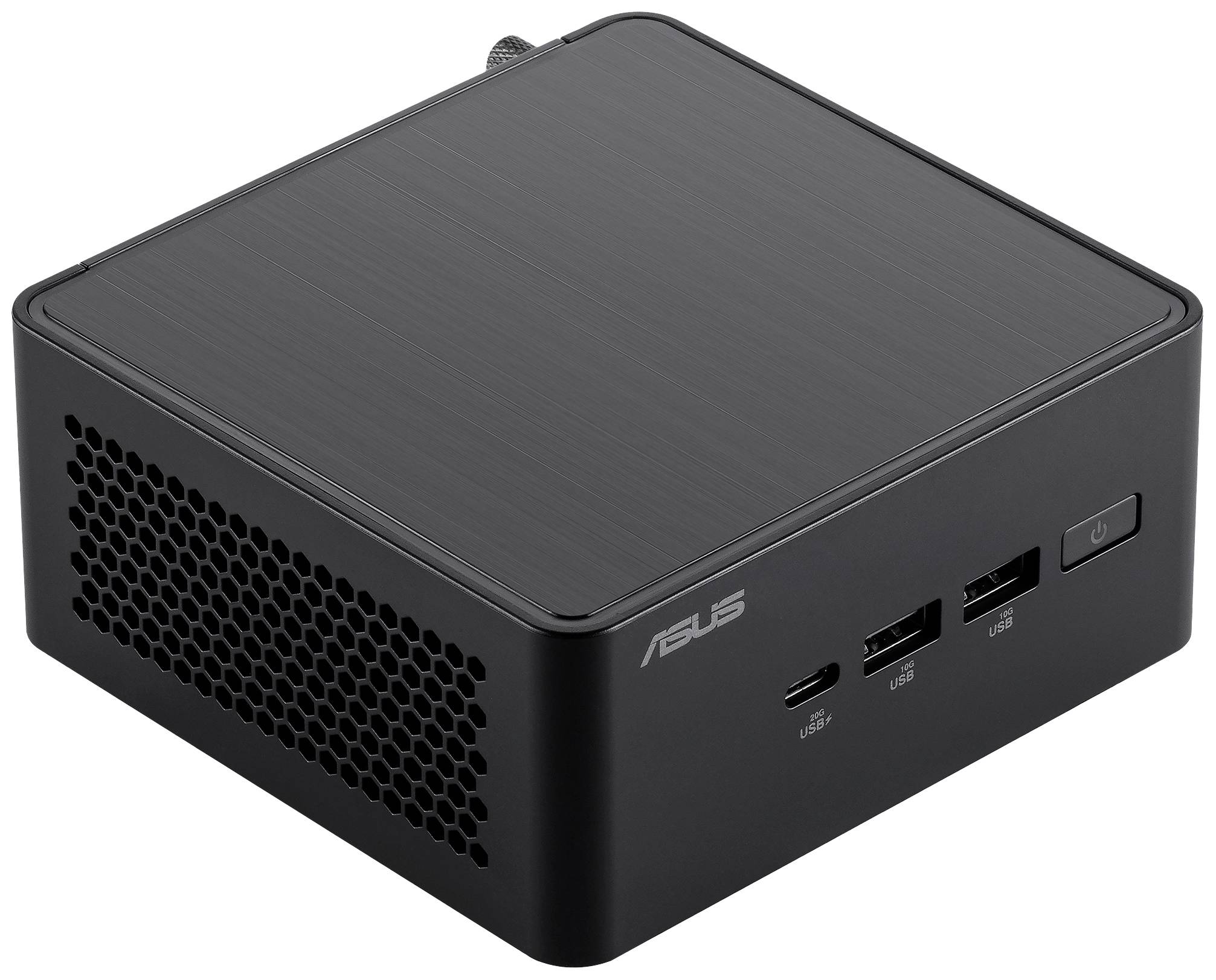 Ein kompakter schwarzer Mini-PC mit Belüftungsschlitzen und mehreren Anschlüssen. Markenlogo 'ASUS' auf der Vorderseite.