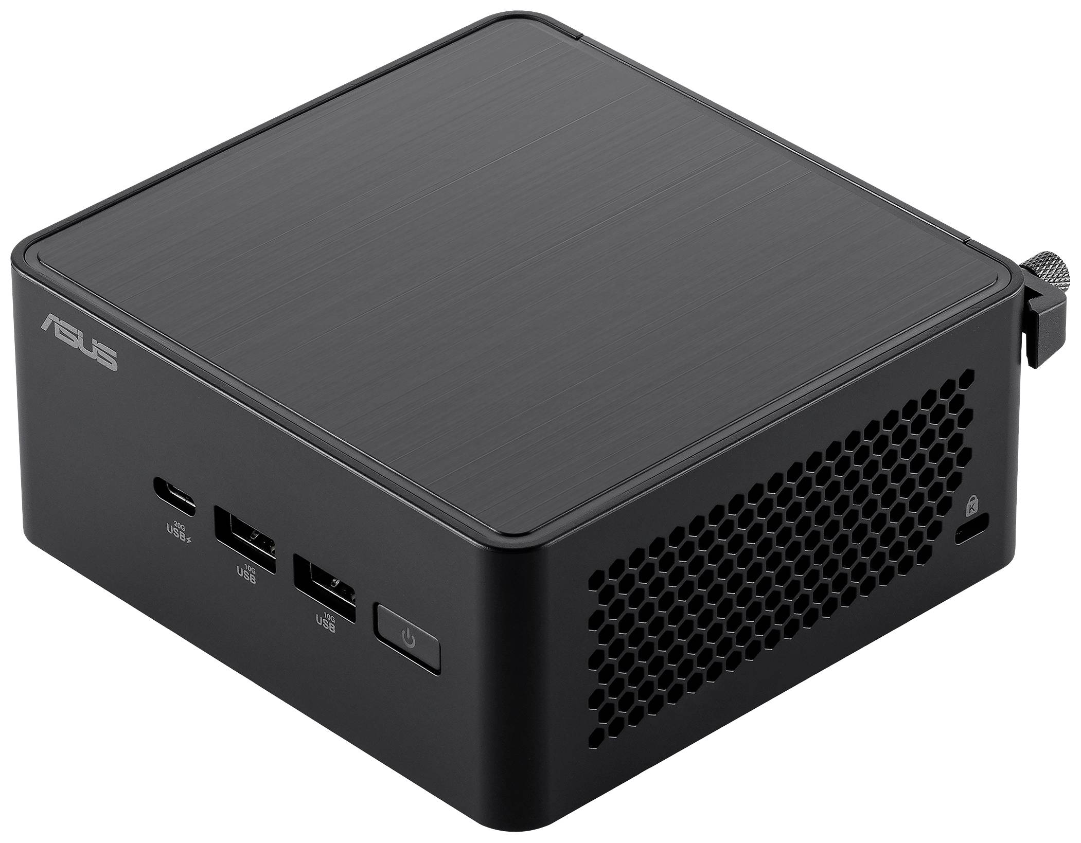 Schwarz-grauer, quadratischer Mini-PC mit USB-Anschlüssen und Belüftung an der Seite. Markenlogo 'ASUS' oben links.