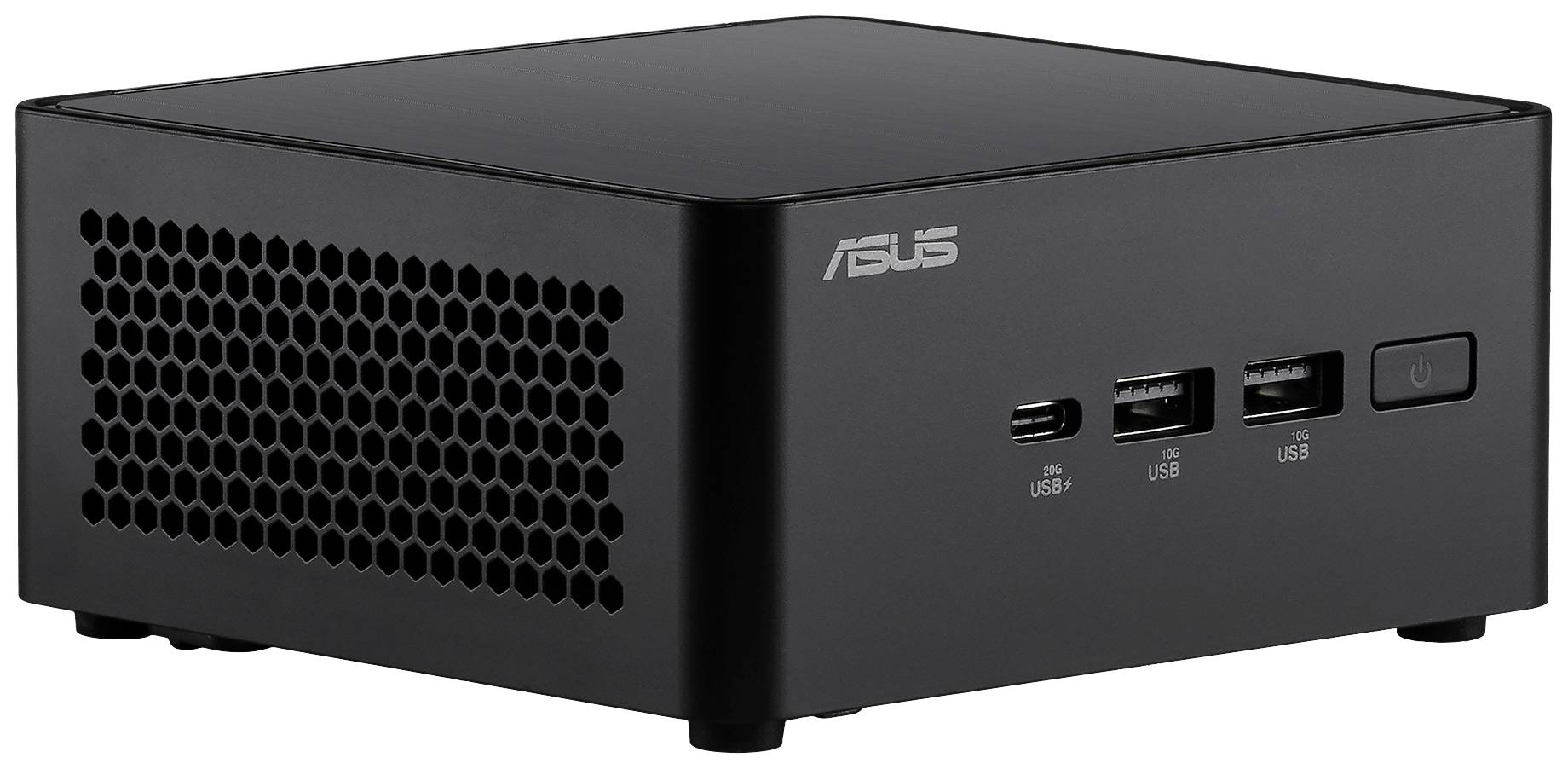 Schwarzer Mini-PC von ASUS mit seitlichen Lüftungsschlitzen und Frontanschlüssen für USB- und USB-C-Anschlüsse, sowie einem Power-Knopf.