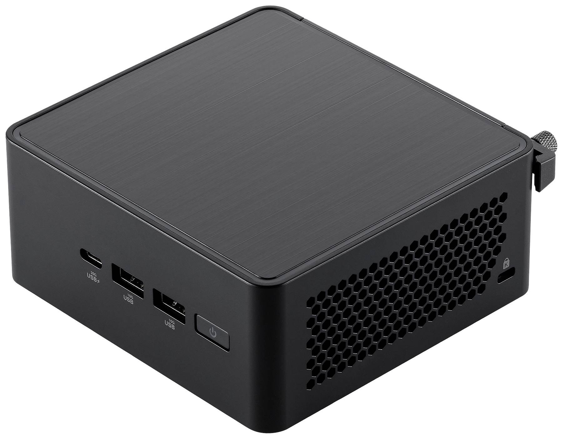Kleiner schwarzer Mini-PC mit USB-Anschlüssen und Belüftungsgittern an der Seite.