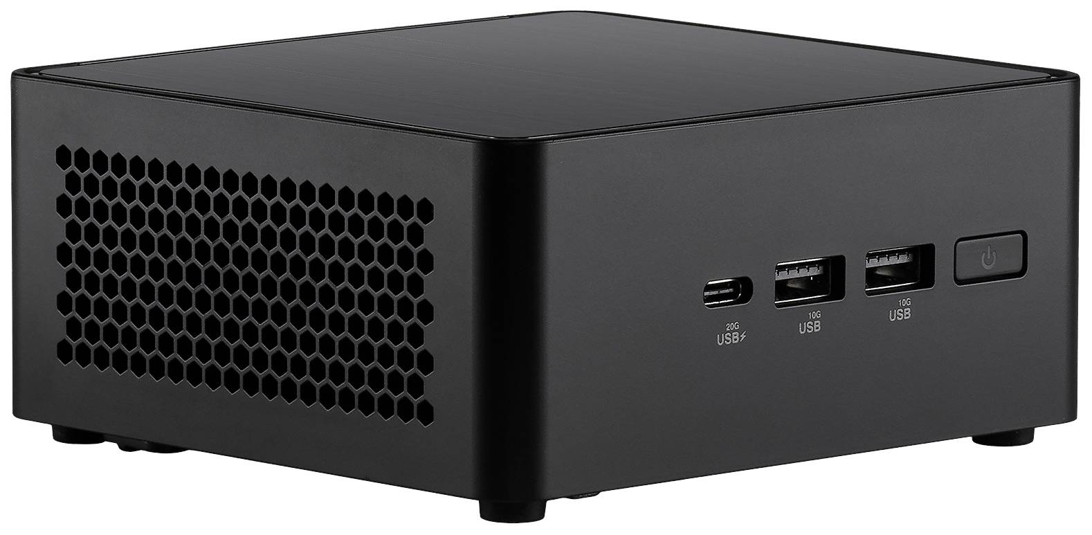 Schwarzer Mini-PC mit mehreren USB-Anschlüssen und einem Netzschalter an der Vorderseite. Kompaktes Design für platzsparende Nutzung.