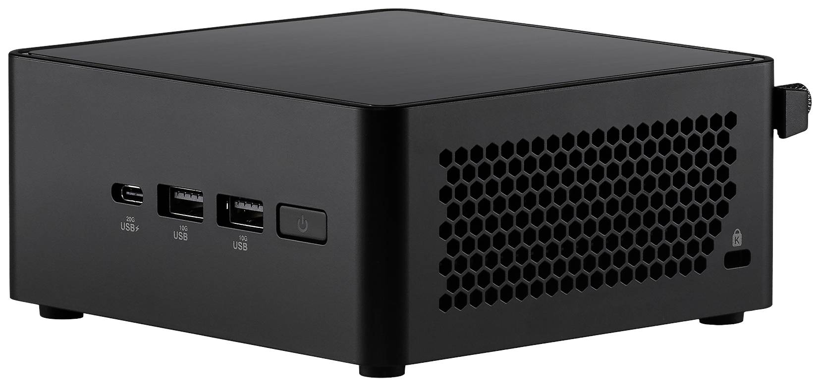 Ein schwarzer, quadratischer Mini-PC mit Lüftungsgittern an der Seite und mehreren USB-Anschlüssen an der Vorderseite.