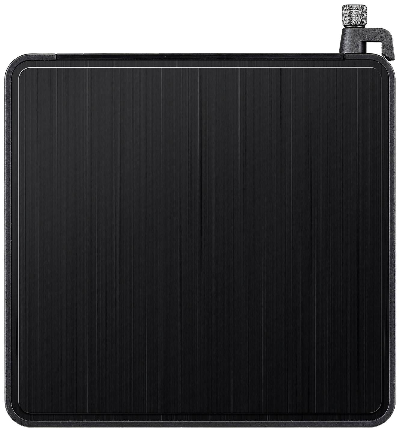 Ein schwarzer quadratischer Gegenstand mit abgerundeten Ecken und einem kleinen, geriffelten Drehknopf oben rechts.