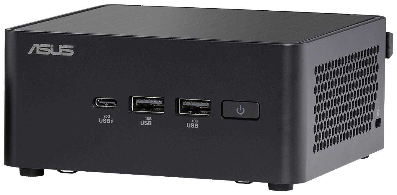Ein schwarzer ASUS Mini-PC mit zwei USB-Anschlüssen, einem USB-C-Anschluss und einem Netzschalter auf der Vorderseite.