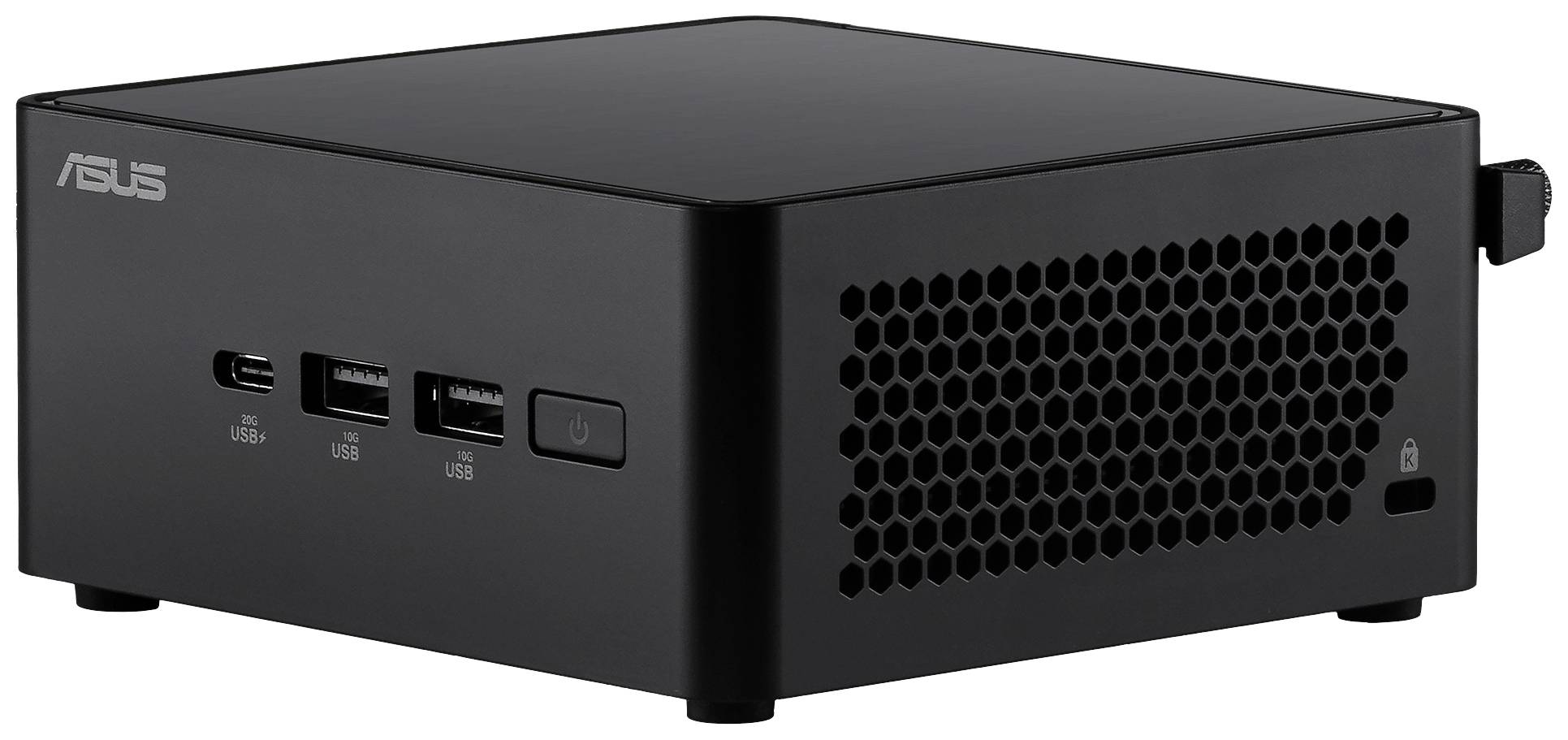 Ein schwarzer Mini-PC von Asus mit mehreren USB-Anschlüssen und Lüftungsschlitzen an der Seite.