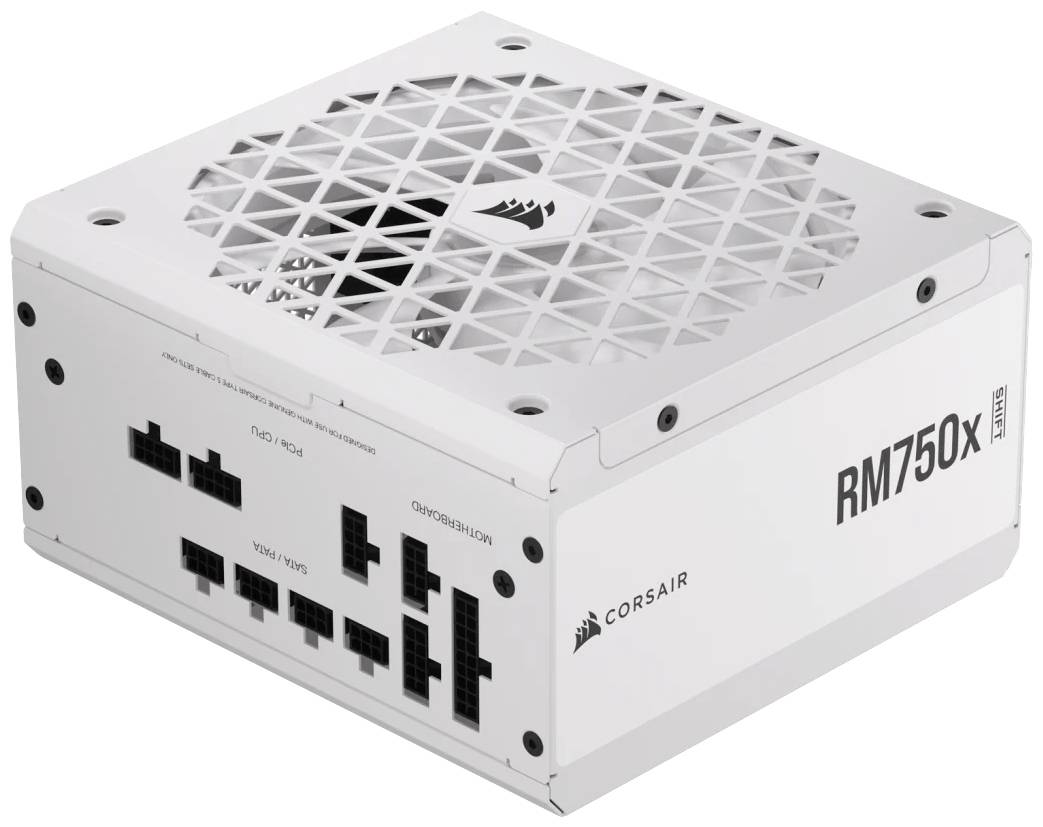 Weißes Computer-Netzteil Corsair RM750x Series mit mehreren Steckplätzen und Lüfter an der Oberseite.