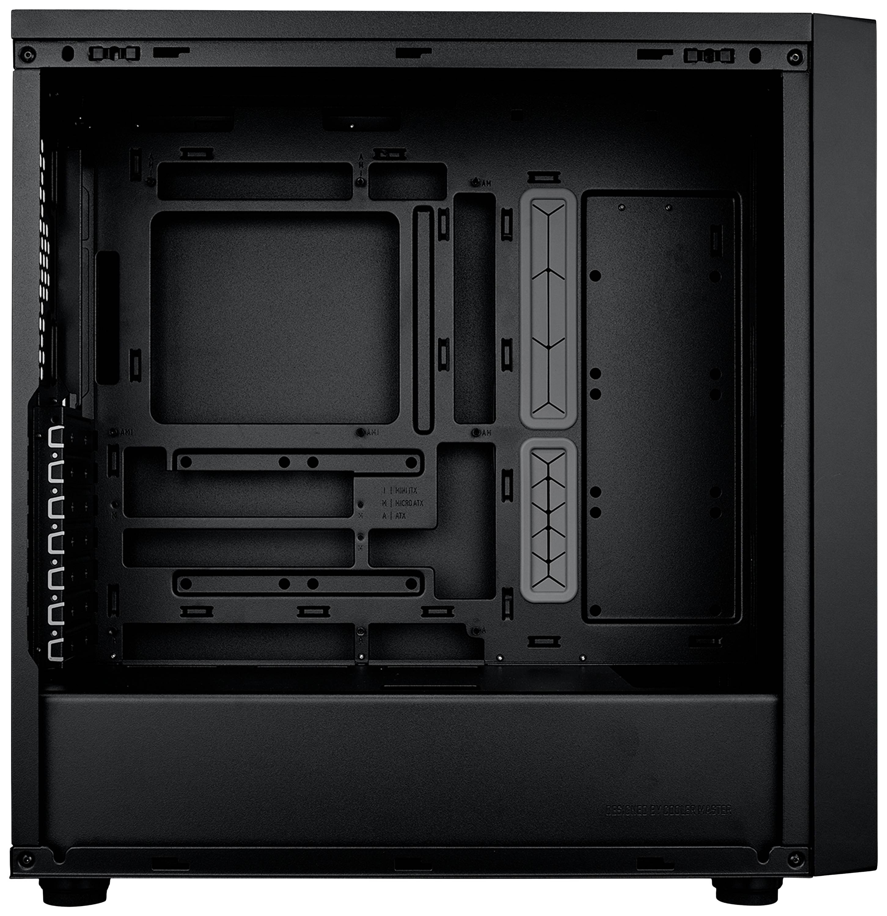 Schwarzes Computergehäuse ohne Komponenten, bereit zur Installation von Hardware. Innenraum zeigt Halterungen und Kabeldurchführungen.