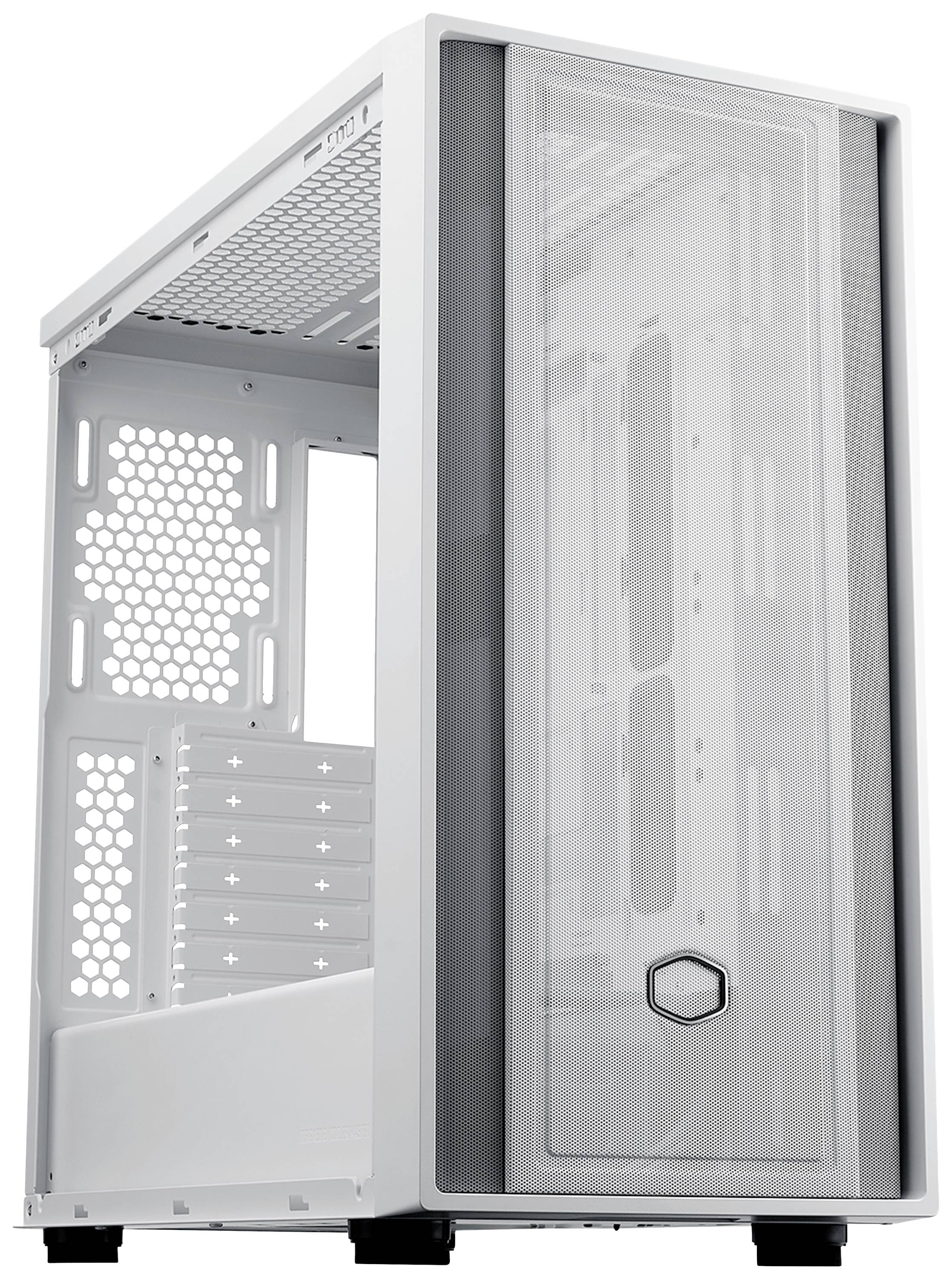 Ein leeres, weißes Computergehäuse mit sichtbarer Lüftungsgitter-Front und mehreren Erweiterungssteckplätzen an der Rückseite.