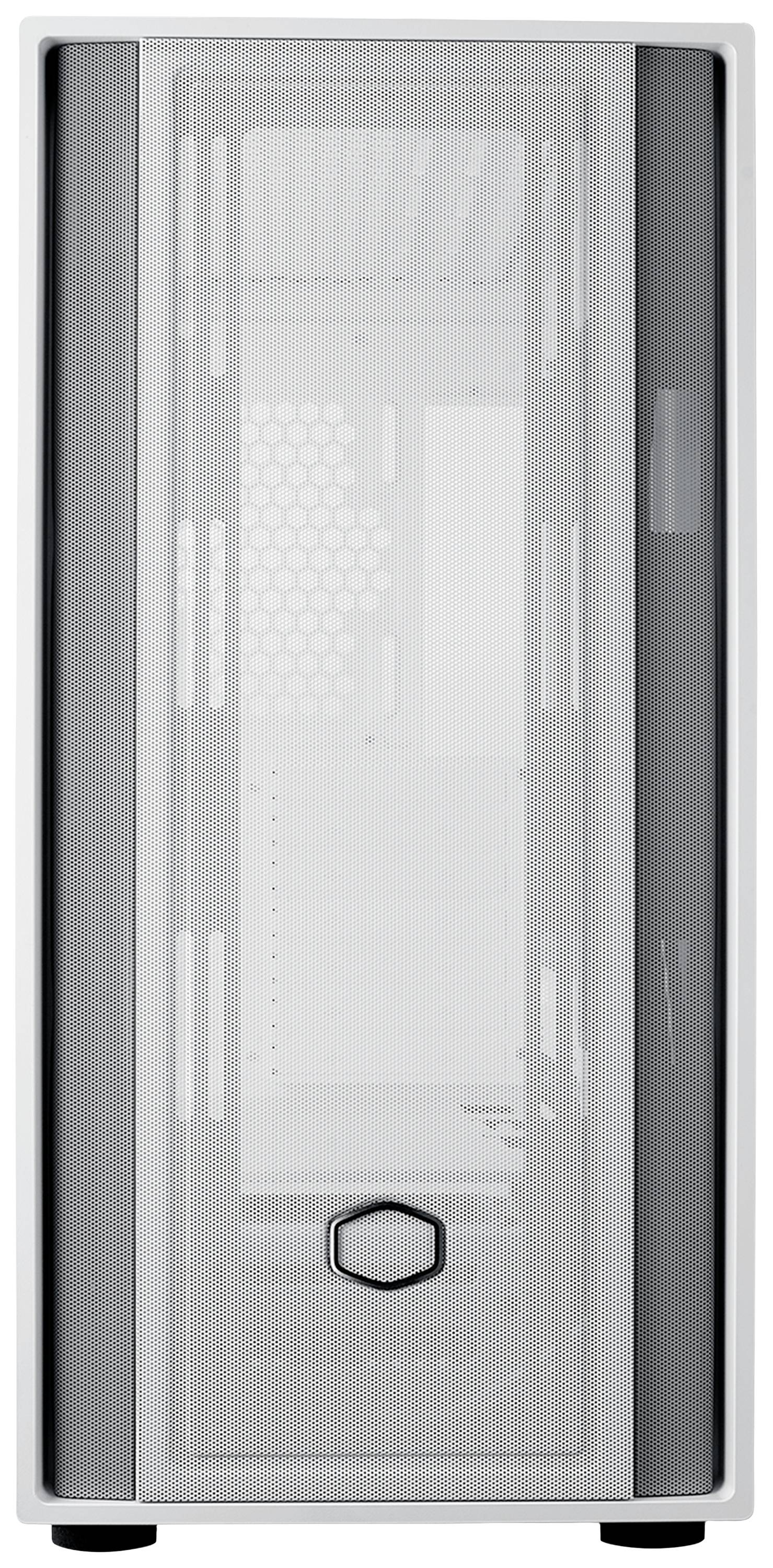 Ein weißes Computergehäuse mit transparentem Frontpanel zeigt ein minimalistisches Design. Es steht auf schwarzem Untergrund.