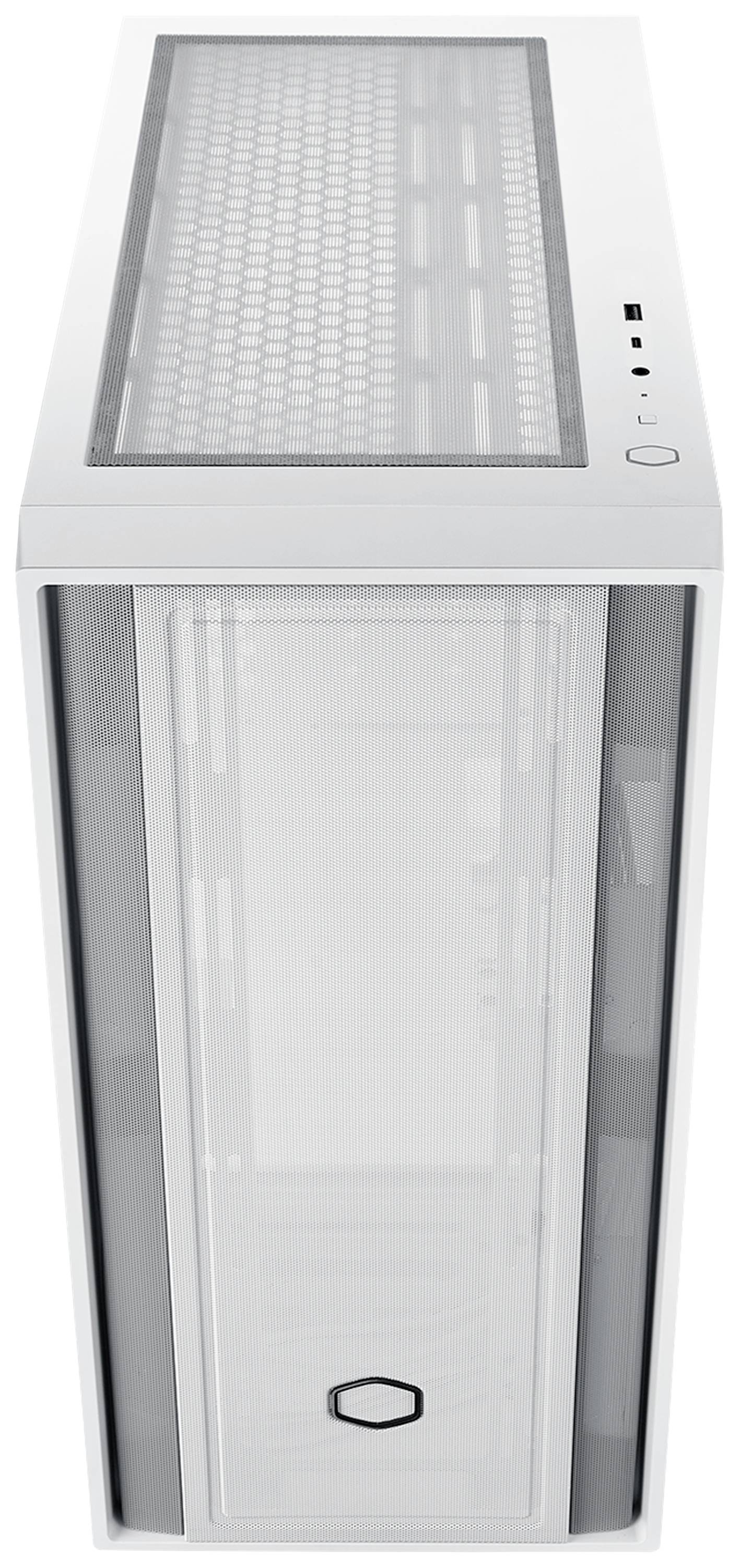 Ein weißes PC-Gehäuse mit Sichtfenster und Lüftungsschlitzen auf der Oberseite. Enthält Bedienelemente an der Vorderseite.