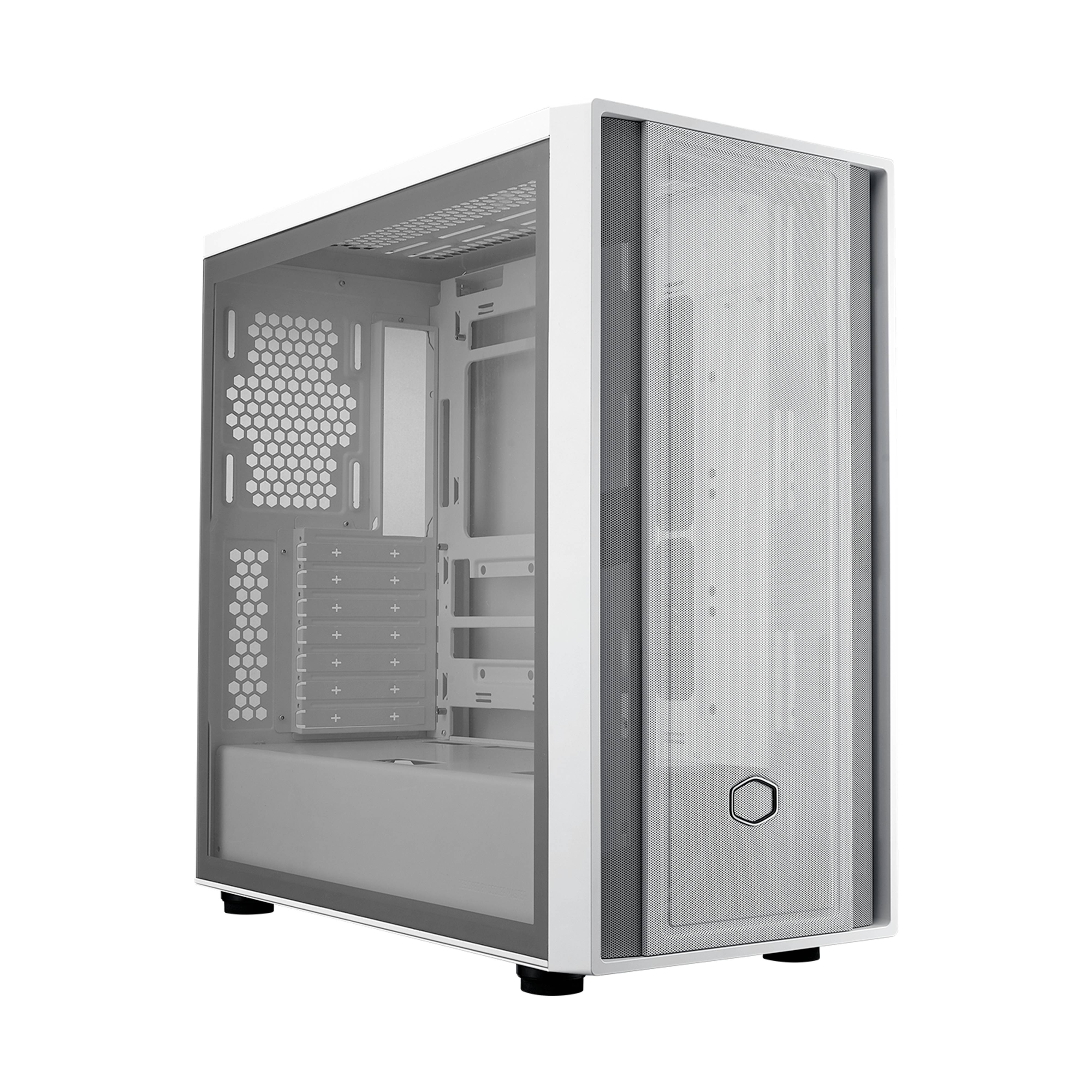 Ein weißes Computergehäuse mit transparenten Seiten und Lüftungsgittern, vor leerem Hintergrund.