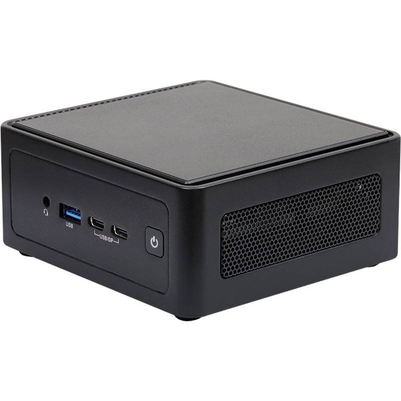 Ein schwarzer Mini-PC im quadratischen Format mit mehreren Anschlüssen an der Vorderseite, darunter USB-Ports, und einem Netzschalter.