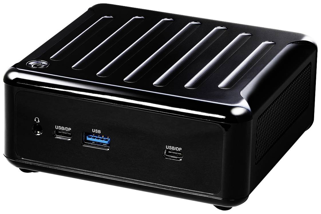 Schwarzer Mini-PC mit mehreren USB-Anschlüssen auf der Vorderseite. Kompakte Bauweise für vielseitige Nutzungsmöglichkeiten.