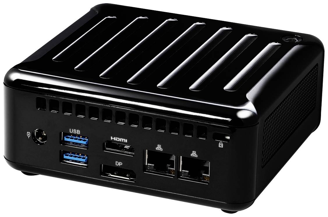 Ein kompakter, schwarzer Mini-PC mit mehreren Anschlussmöglichkeiten: USB, HDMI, DisplayPort und Ethernet-Schnittstellen an der Vorderseite.