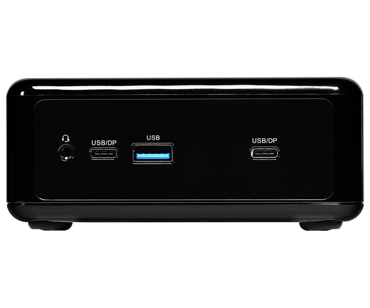 Schwarze Computer-Dockingstation mit zwei USB/DP-Anschlüssen, einem USB-Anschluss und einem Kopfhöreranschluss auf der Vorderseite.