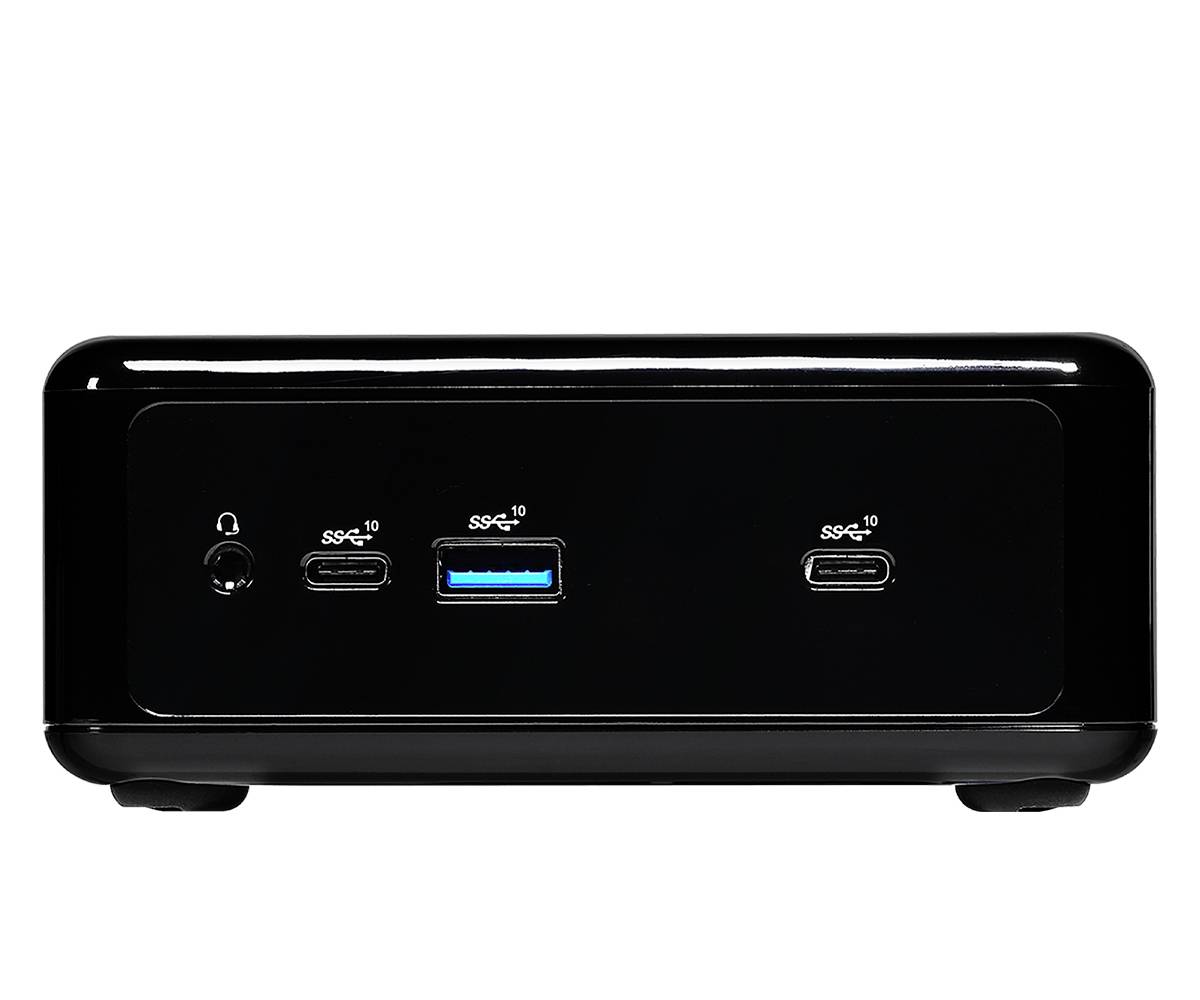 Ein schwarzes elektronisches Gerät mit mehreren Ports auf der Vorderseite, darunter USB-C und USB-A.