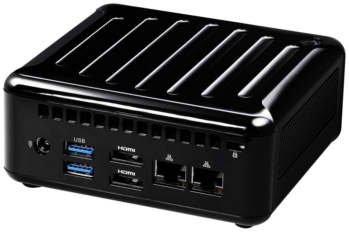 Ein kompakter schwarzer Computer mit mehreren USB- und HDMI-Anschlüssen an der Vorderseite, geeignet für vielseitige Anwendungen.