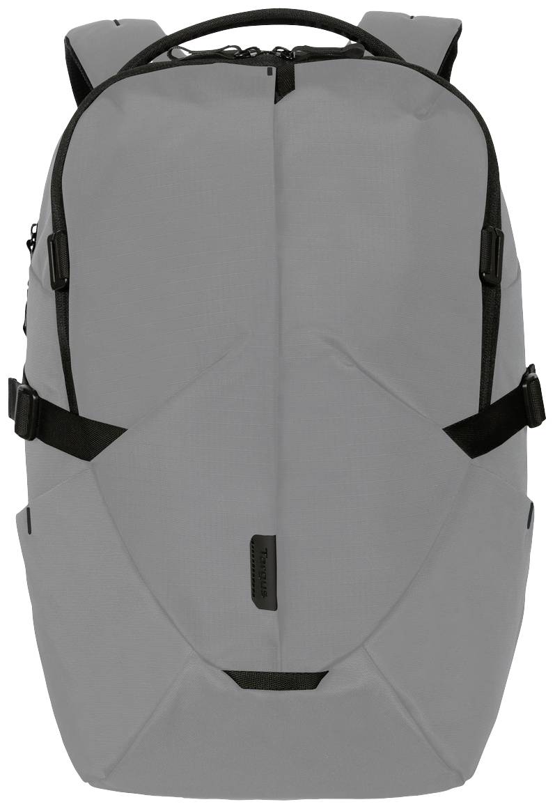 Grauer Rucksack mit modernem Design, schwarzen Akzenten und mehreren Riemen für flexiblen Gebrauch.