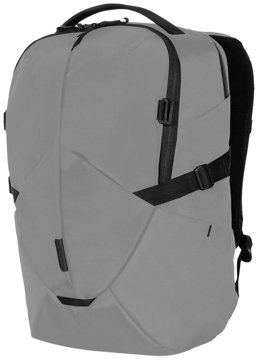 Ein grauer, minimalistischer Rucksack mit schwarzen Riemen und Griff.