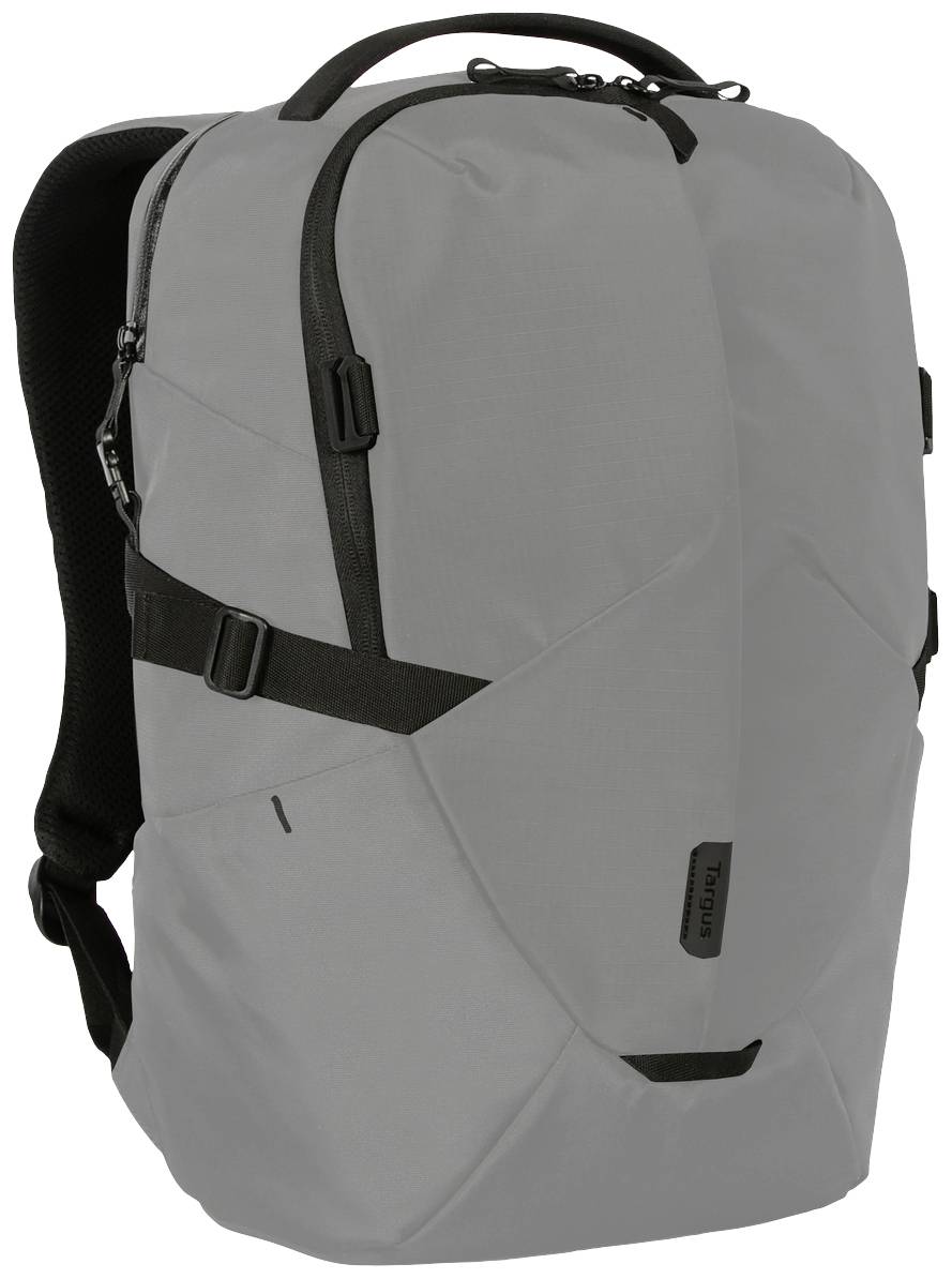 Grauer Rucksack mit schwarzem Reißverschluss und gepolsterten Trägern. Geeignet für Reisen oder den täglichen Gebrauch.