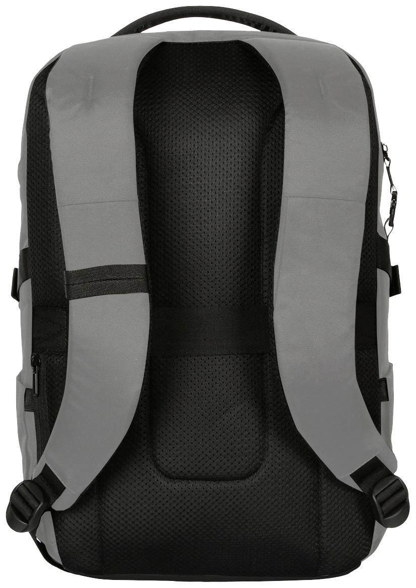 Rückansicht eines grauen Rucksacks mit verstellbaren Schultergurten und einem robusten Tragegriff.