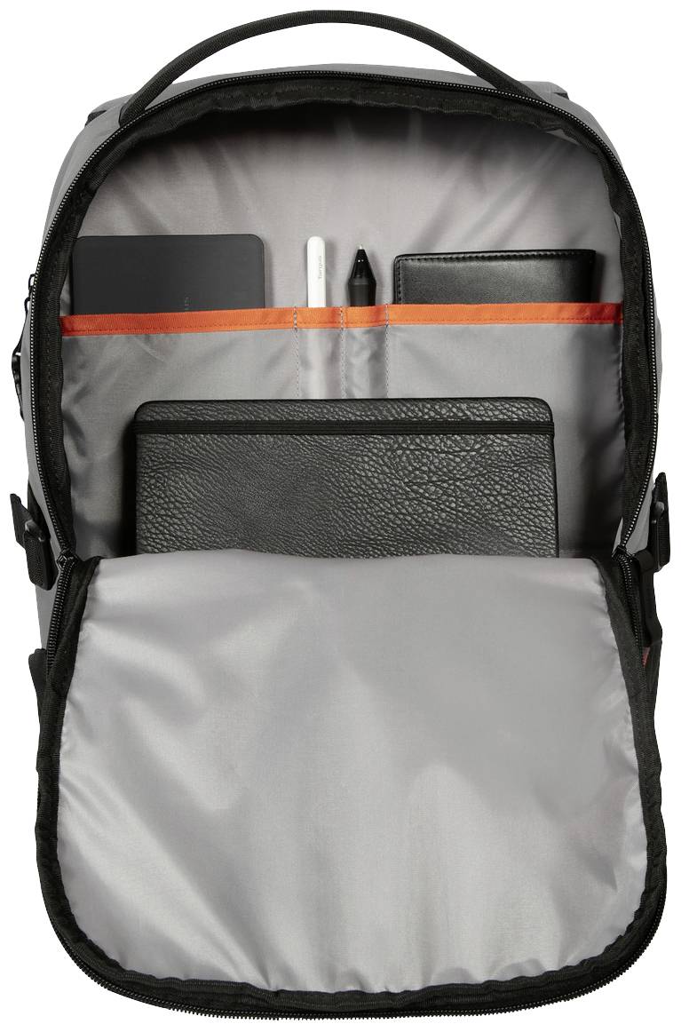 Ein geöffneter Rucksack zeigt Fächer mit einem Tablet, Notizbuch und Stiften.