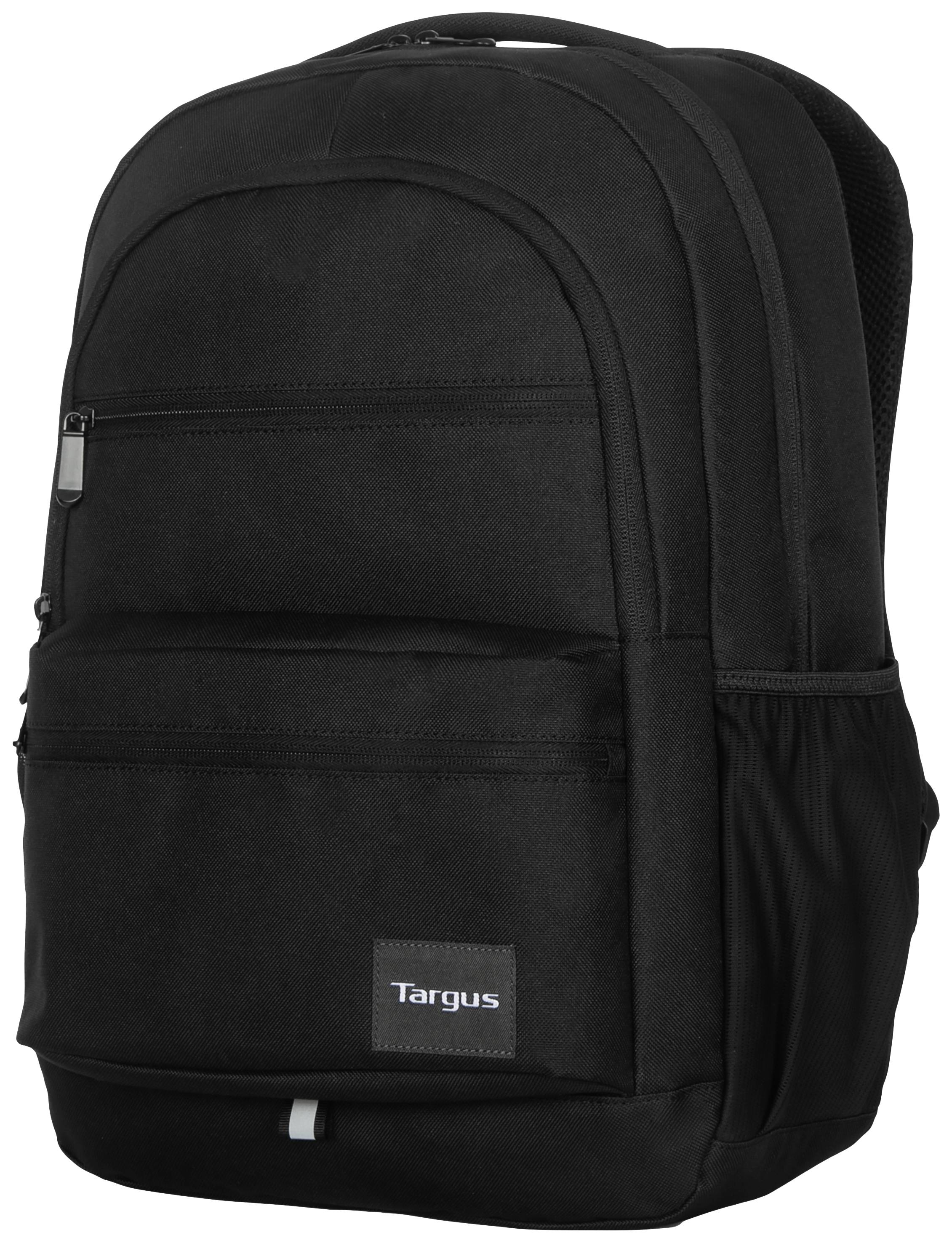 Ein schwarzer Rucksack mit mehreren Taschen. Markenname 'Targus' auf einem Etikett vorne.