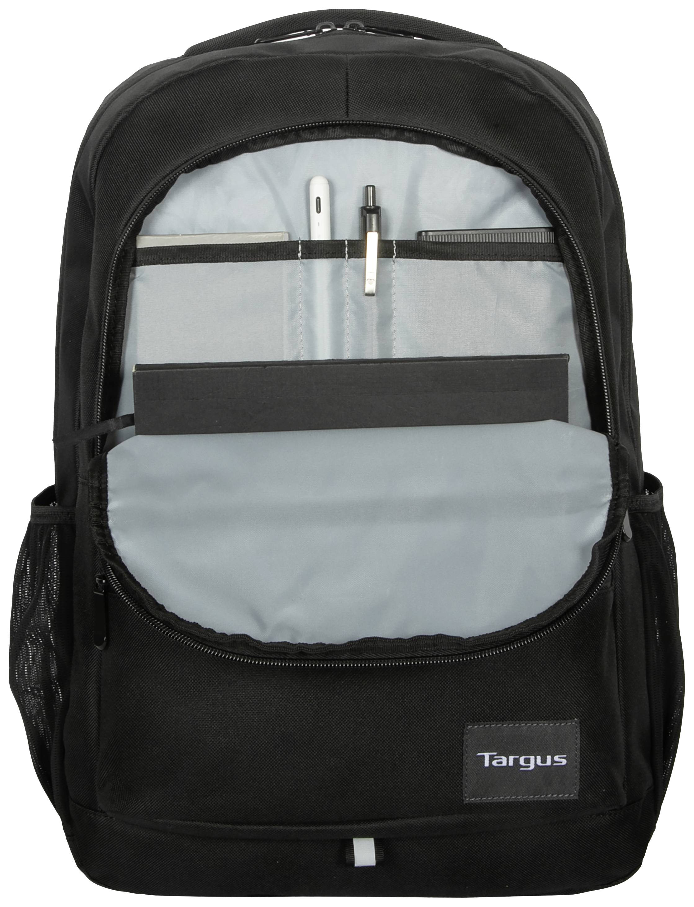 Ein schwarzer Rucksack mit offenem Reißverschluss, der mehrere Fächer und Taschen zeigt. Enthält Stifte und ein Notebook.