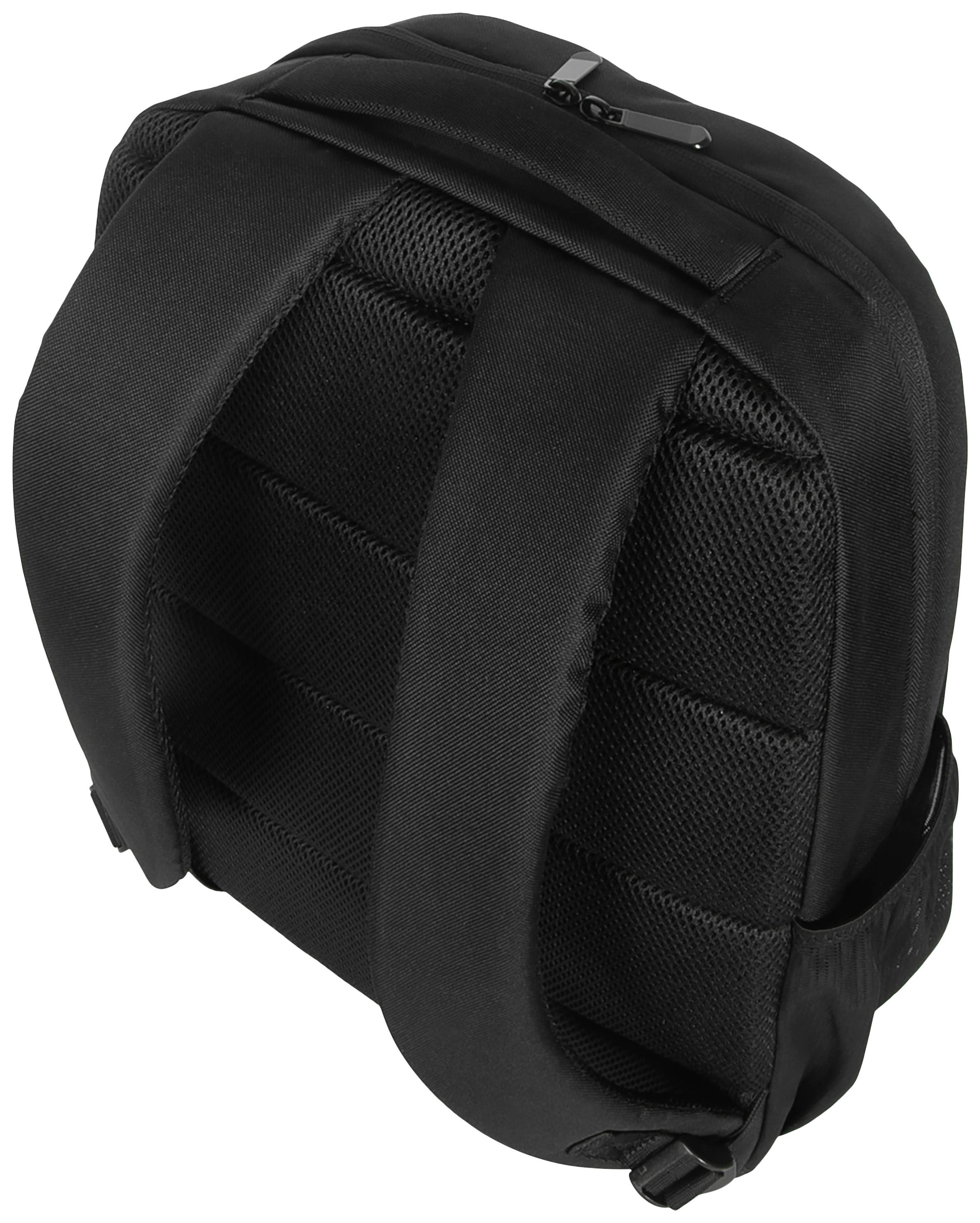 Ein schwarzer Rucksack von oben, zeigt gepolsterte Schultergurte und Rückenpolsterung, ideal für Komfort beim Tragen.