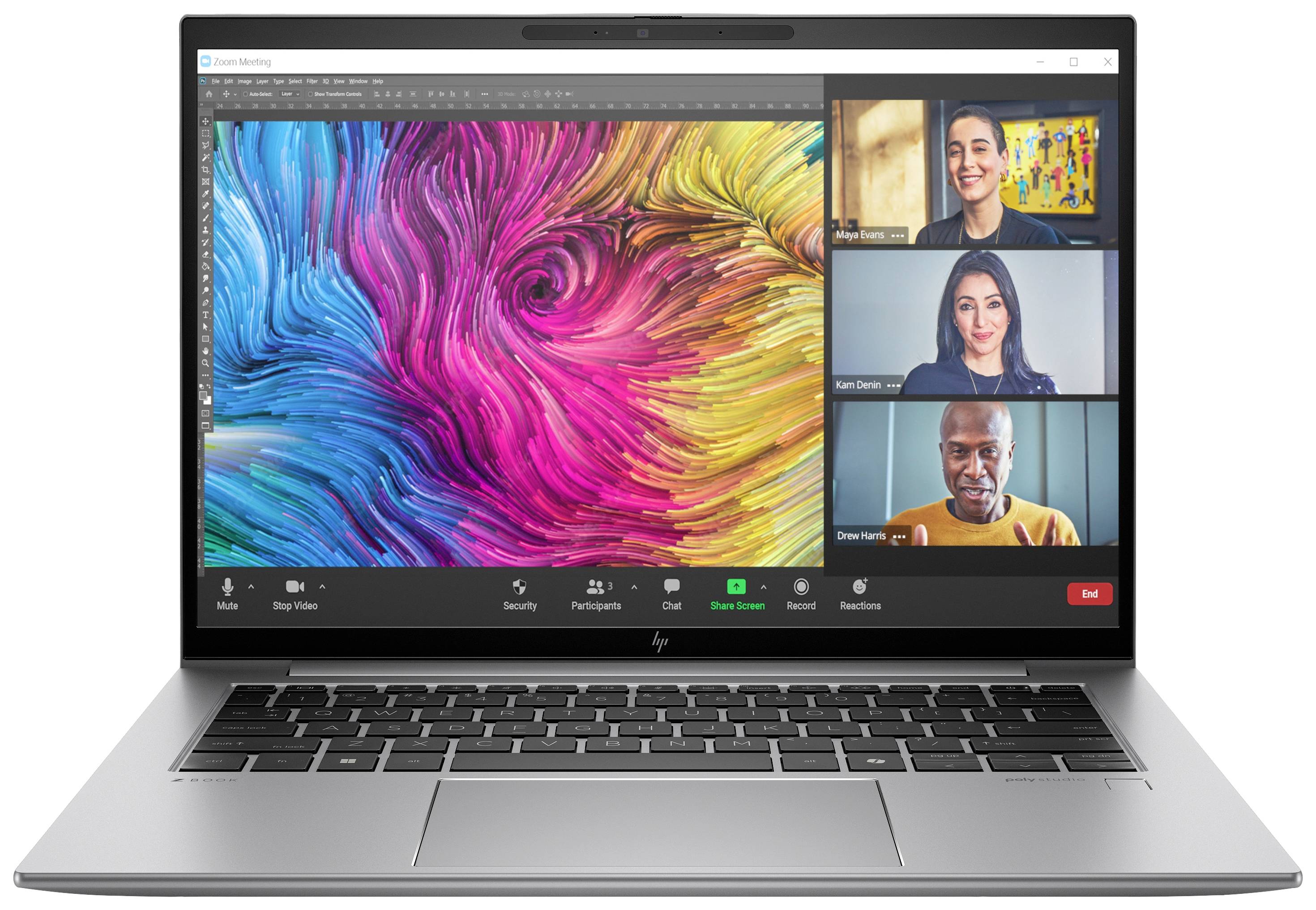 Personen in einem Videokonferenz-Call auf einem Laptop-Bildschirm. Bunte, abstrakte Kunst im Hintergrund.