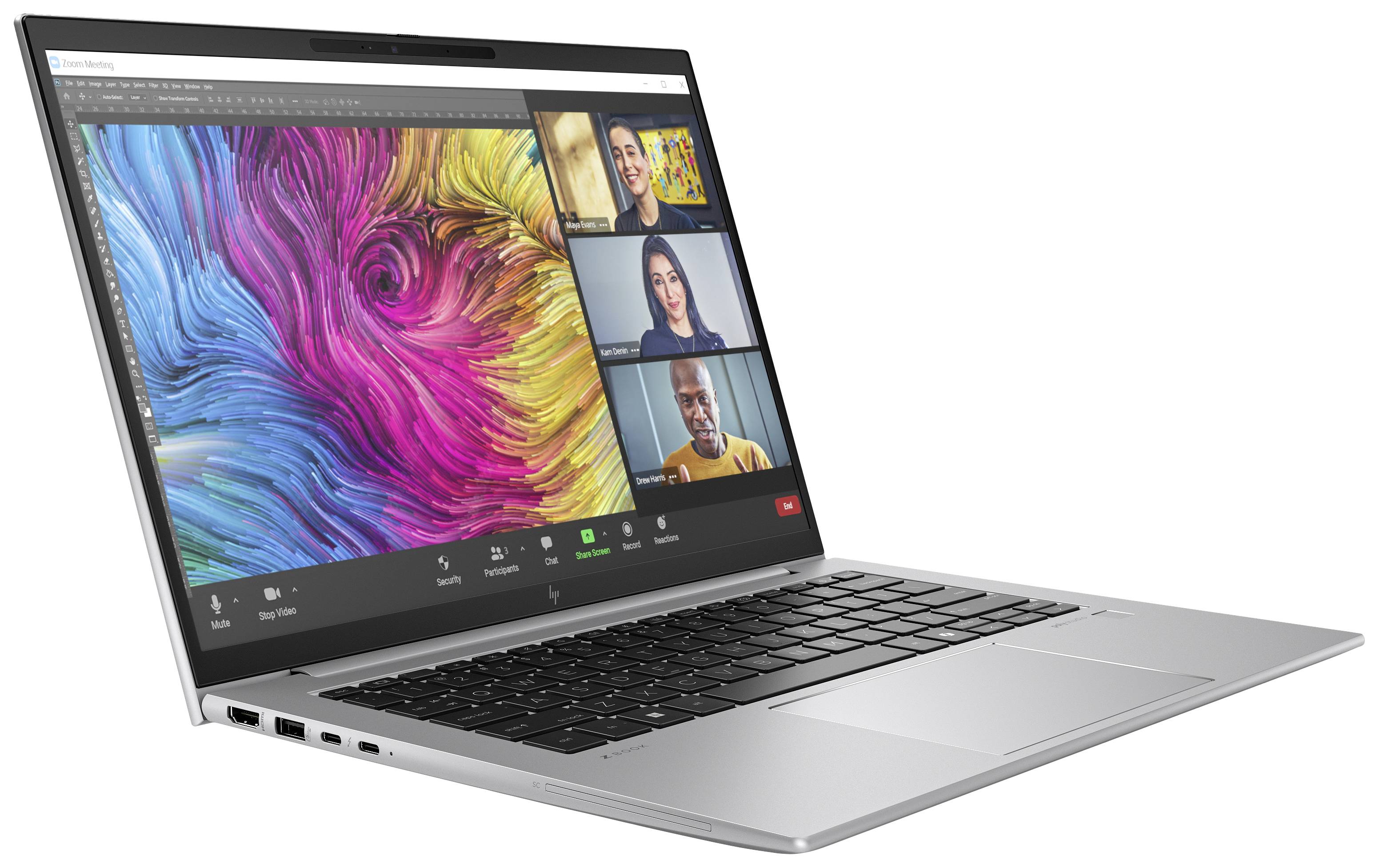 Laptop zeigt Videokonferenz mit vier Teilnehmern und buntem Hintergrund auf dem Bildschirm. Benutzeroberfläche von Kommunikationssoftware sichtbar.