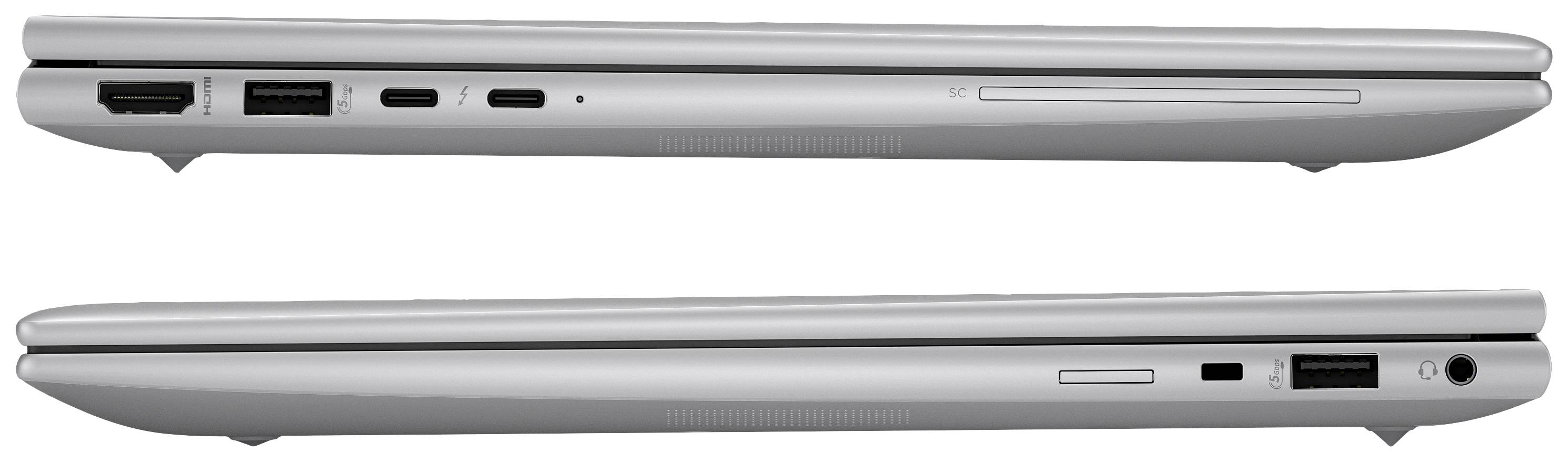 Zwei silberne Laptops, seitliche Ansicht. Oben: Anschlüsse für USB, HDMI, und Audio. Unten: optisches Laufwerk und Netzwerkanschluss sichtbar.