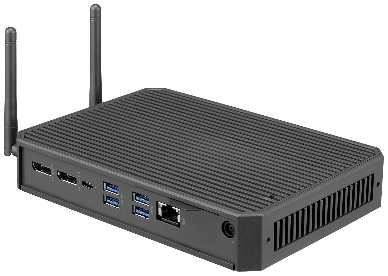 Ein schwarzer, rechteckiger Mini-Computer mit zwei Antennen, mehreren USB- und Ethernet-Anschlüssen, sowie HDMI- und Display-Port.