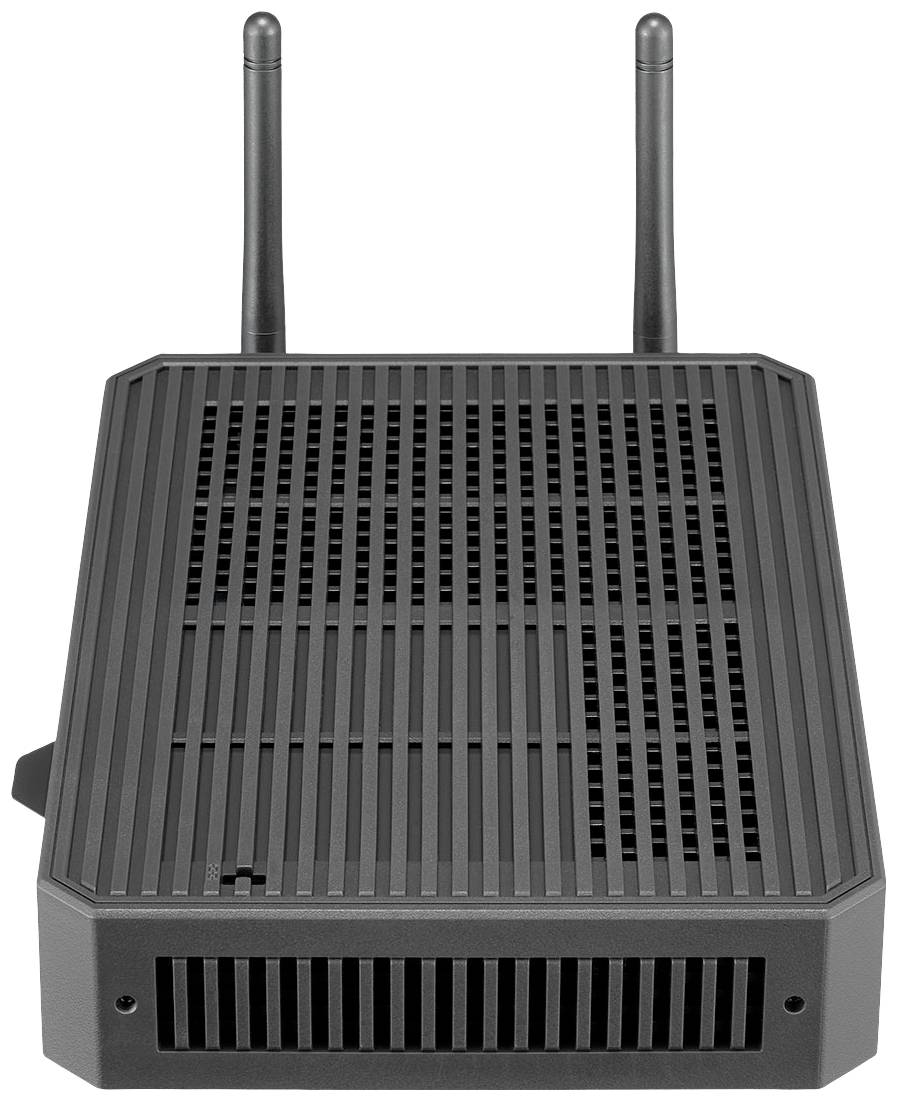 Ein schwarzer Router mit zwei Antennen, horizontal ausgerichtet. Vorderseite zeigt Lüftungsgitter.