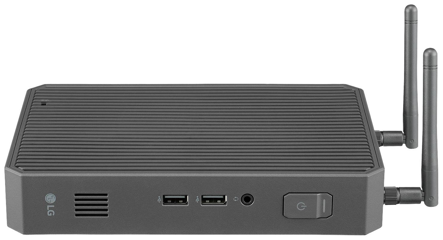 Ein schwarzer Mini-PC von LG mit geriffelter Oberfläche, zwei Antennen, einem Netzschalter, Lüftungsschlitzen, USB-Anschlüssen und Audioanschluss an der Vorderseite.