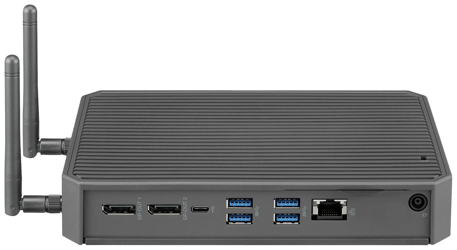 Kompakter, grauer Computerminikasten mit zwei Antennen und mehreren Anschlüssen auf der Rückseite, darunter HDMI, USB und Ethernet.