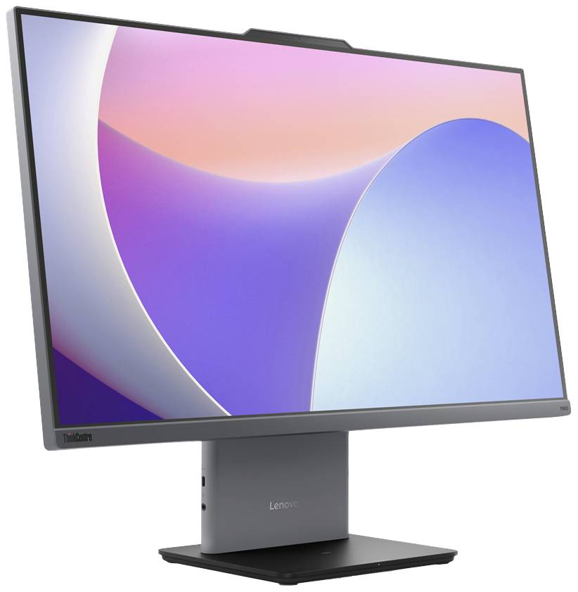 Ein schlanker, moderner Computerbildschirm mit schmalem Rahmen zeigt ein buntes geometrisches Hintergrundbild. Markenlogo an der Vorderseite.