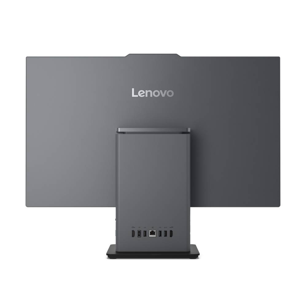 Ein Lenovo-Bildschirm von hinten, zeigt Anschlüsse an der unteren Rückseite und ein schlichtes Design.