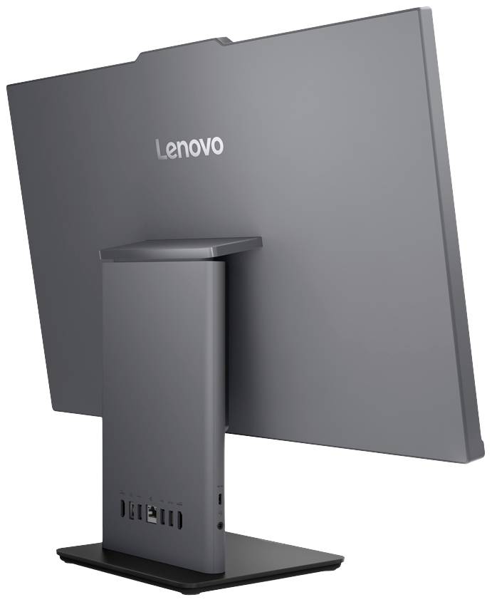 Ein grauer Lenovo-Monitor von hinten, auf einem stabilen Standfuß montiert, mit mehreren Anschlussmöglichkeiten an der Unterseite.