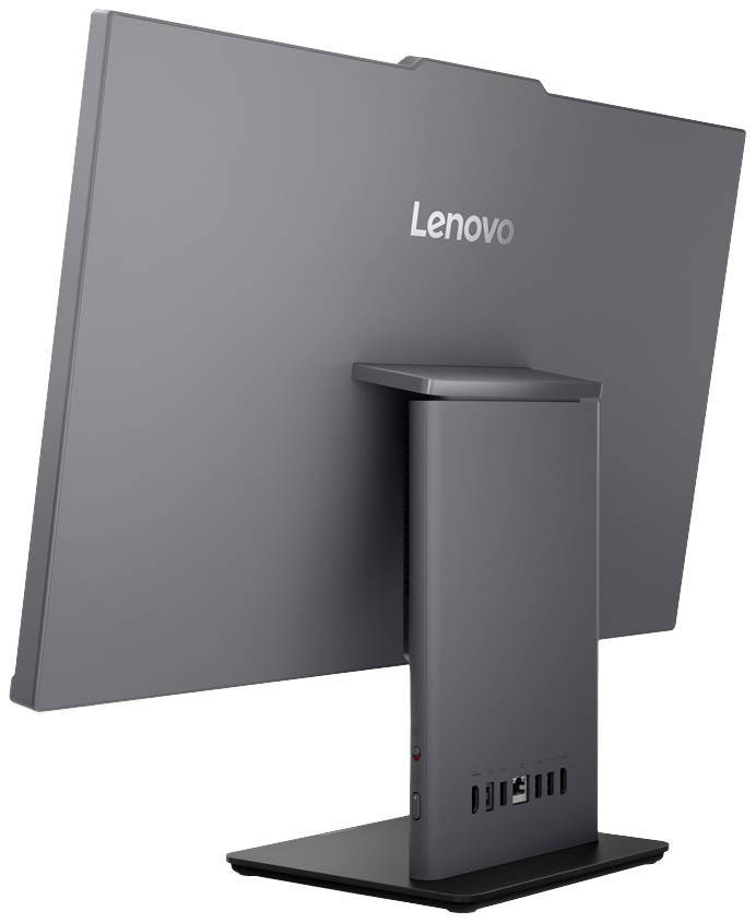 Ein grauer Computermonitor von hinten, Marke 'Lenovo', mit einem rechteckigen Standfuß und mehreren USB-Anschlüssen an der Unterseite.