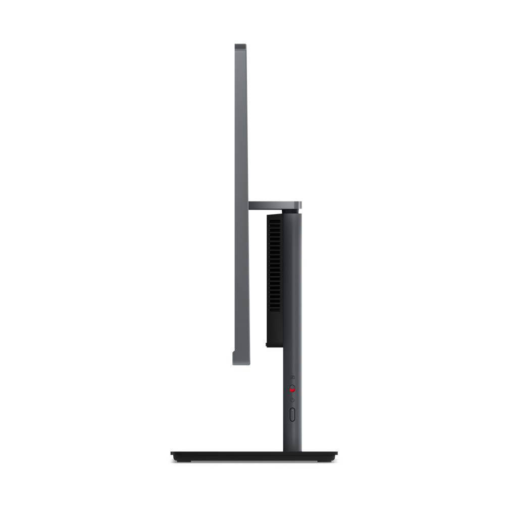 Seitliche Ansicht eines dünnen, modernen Computermonitors mit rechteckigem Standfuß.